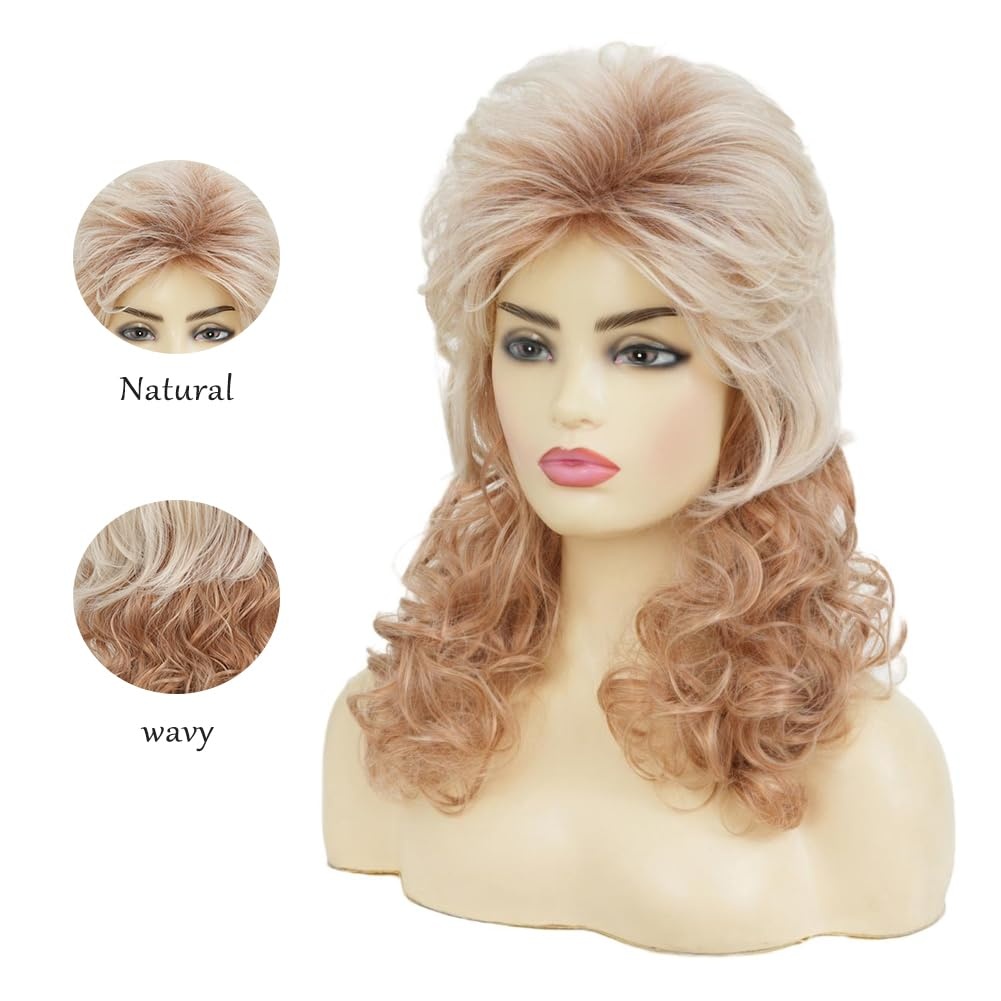 image:imageTseses Blonde Curly Wig for Women 70s 80s Rocker Punk Wigs with Bangs Shoulder Length Hair Synthetic Fiber Wigs for Halloween Costume Party Use