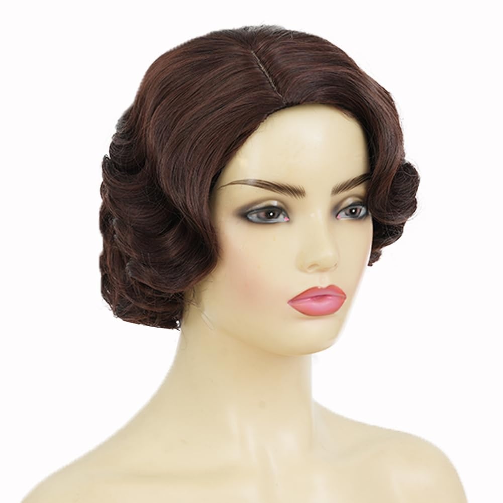 image:imageTseses Women Black Retro Curly Wig 1950s 60s Big Wave Wig Retro Victory Rolls Synthetic Wig for Halloween Cosplay Daily Wear UseBrown