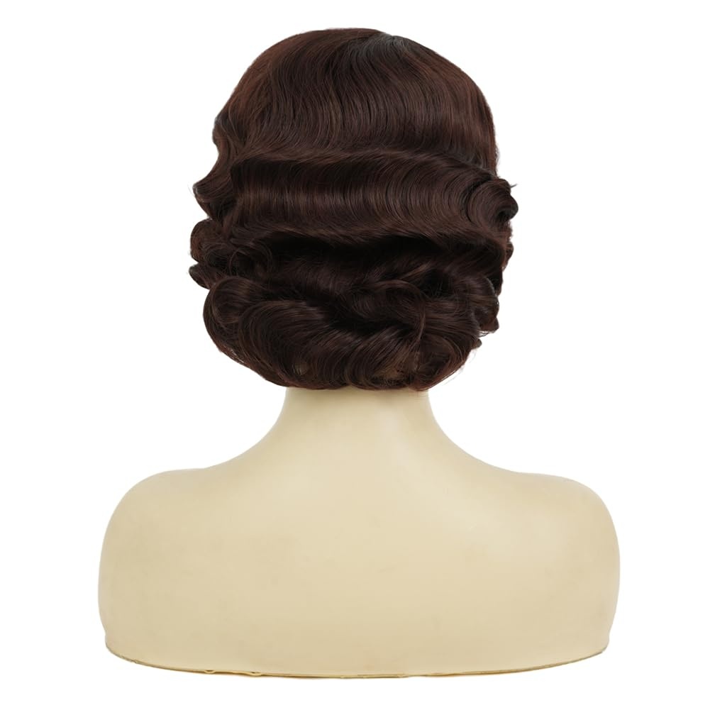 image:imageTseses Women Black Retro Curly Wig 1950s 60s Big Wave Wig Retro Victory Rolls Synthetic Wig for Halloween Cosplay Daily Wear UseBrown