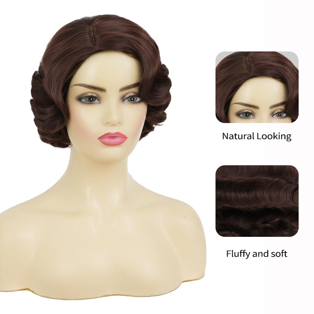 image:imageTseses Women Black Retro Curly Wig 1950s 60s Big Wave Wig Retro Victory Rolls Synthetic Wig for Halloween Cosplay Daily Wear UseBrown