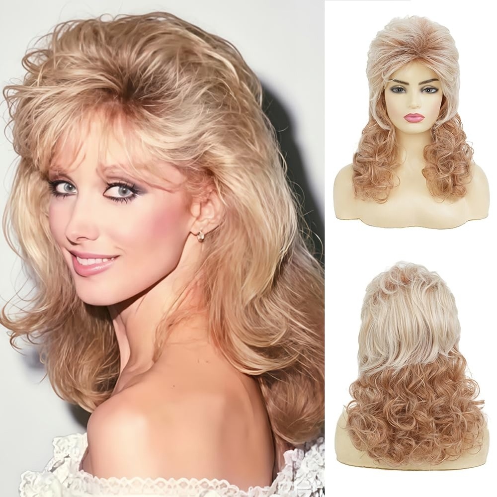 image:imageTseses Blonde Curly Wig for Women 70s 80s Rocker Punk Wigs with Bangs Shoulder Length Hair Synthetic Fiber Wigs for Halloween Costume Party Use
