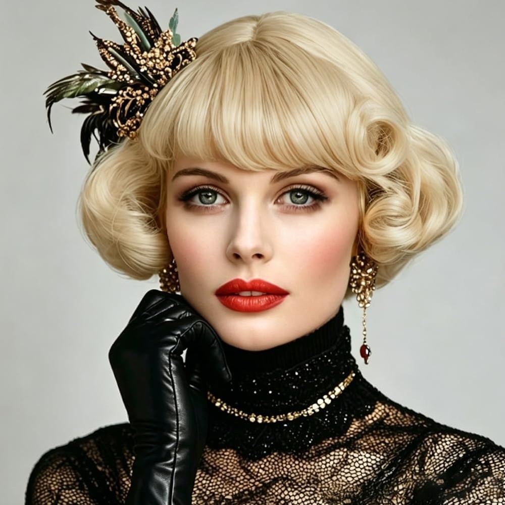 image:imageTseses Women Black Retro Curly Wig 1950s 60s Big Wave Wig Retro Victory Rolls Synthetic Wig for Halloween Cosplay Daily Wear UseBlonde Vintage
