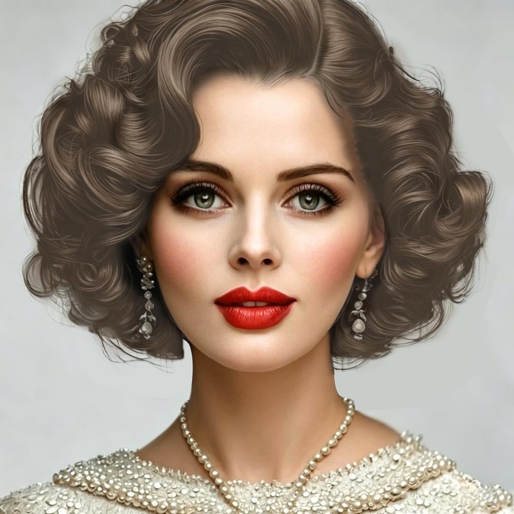 image:imageTseses Women Black Retro Curly Wig 1950s 60s Big Wave Wig Retro Victory Rolls Synthetic Wig for Halloween Cosplay Daily Wear UseLight Brown