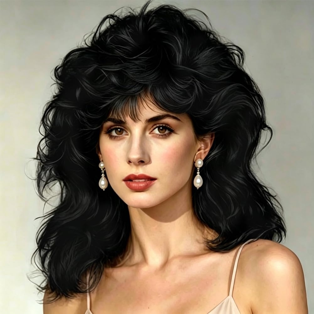image:imageTseses Women Long Light Blonde 80s Cosplay Wigs Curly Mullet Wigs with Bangs 70s Retro Disco Layered Long Hair Wig for Party Halloween Costume UseBlack