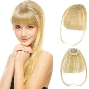 Bangs Clip-In 100% Cheveux Naturels – Frange Discrète et Naturelle avec Tempes pour Femme (Blond Cendré)(Blond Cendré)