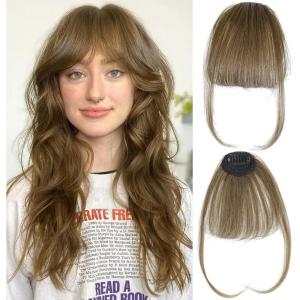 Bangs Clip-In 100% Cheveux Naturels – Frange Discrète et Naturelle avec Tempes pour Femme (Blond Cendré)(Brun clair)