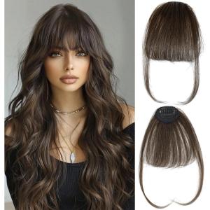 Bangs Clip-In 100% Cheveux Naturels – Frange Discrète et Naturelle avec Tempes pour Femme (Blond Cendré)(Brun foncé)