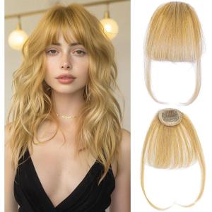 Bangs Clip-In 100% Cheveux Naturels – Frange Discrète et Naturelle avec Tempes pour Femme (Blond Cendré)(Golden)