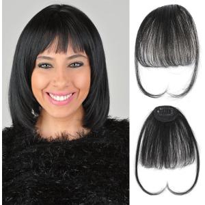 Bangs Clip-In 100% Cheveux Naturels – Frange Discrète et Naturelle avec Tempes pour Femme (Blond Cendré)(Noir)