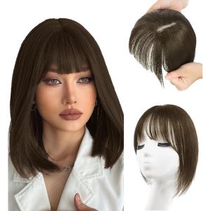 Frange a Clip Cheveux Naturel Français Bangs Pince Extensions de Franges Épais Neat avec Tempes pour Femmes Filles(Brun foncé)(Marron clair)