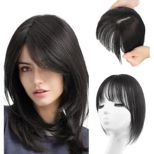 Frange a Clip Cheveux Naturel Français Bangs Pince Extensions de Franges Épais Neat avec Tempes pour Femmes Filles(Brun foncé)(Noir naturel)