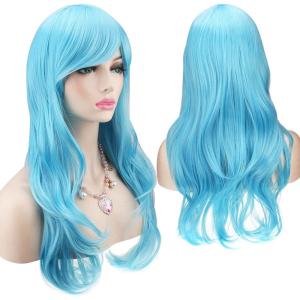 28&Prime; 70 cm Blond Cosplay Bouclé Perruque Femme, Longue Ondulée Synthétique Cheveux Cosplay Wig Anime Parti Halloween Perruques(Bleu clair)