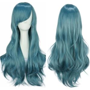 28&Prime; 70 cm Blond Cosplay Bouclé Perruque Femme, Longue Ondulée Synthétique Cheveux Cosplay Wig Anime Parti Halloween Perruques(Gris Bleu)