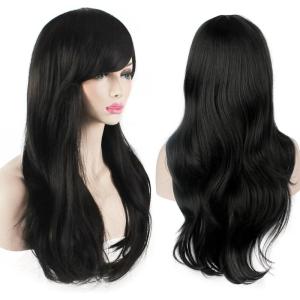 28&Prime; 70 cm Blond Cosplay Bouclé Perruque Femme, Longue Ondulée Synthétique Cheveux Cosplay Wig Anime Parti Halloween Perruques(Noir)