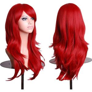 28&Prime; 70 cm Blond Cosplay Bouclé Perruque Femme, Longue Ondulée Synthétique Cheveux Cosplay Wig Anime Parti Halloween Perruques(Rouge)