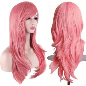 28&Prime; 70 cm Blond Cosplay Bouclé Perruque Femme, Longue Ondulée Synthétique Cheveux Cosplay Wig Anime Parti Halloween Perruques(Rouge Rose)