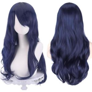 28&Prime; 70 cm Blond Cosplay Bouclé Perruque Femme, Longue Ondulée Synthétique Cheveux Cosplay Wig Anime Parti Halloween Perruques(bleu foncé)