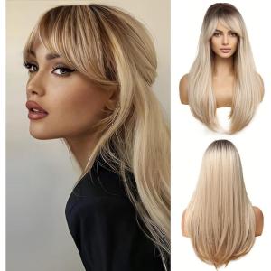 Longue Perruque Droite Noire pour Femmes Cheveux Synthétiques Perruque Résistante à la Chaleur pour Utilisation Quotidienne Halloween Fête Cosplay(Blond avec racines foncées (5227))