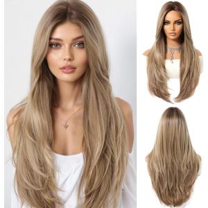 Longue Perruque Droite Noire pour Femmes Cheveux Synthétiques Perruque Résistante à la Chaleur pour Utilisation Quotidienne Halloween Fête Cosplay(Blond cendré ombré (8297-3))