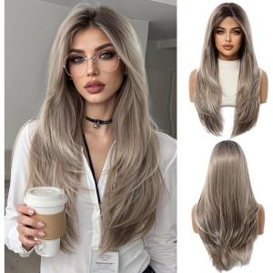 Longue Perruque Droite Noire pour Femmes Cheveux Synthétiques Perruque Résistante à la Chaleur pour Utilisation Quotidienne Halloween Fête Cosplay(Blond cendré (8297-6))