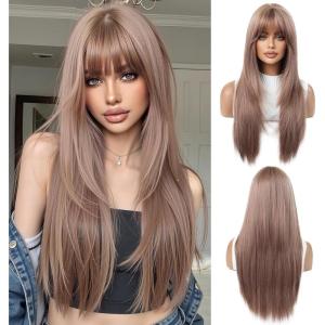 Longue Perruque Droite Noire pour Femmes Cheveux Synthétiques Perruque Résistante à la Chaleur pour Utilisation Quotidienne Halloween Fête Cosplay(Blond fraise (6355-4))