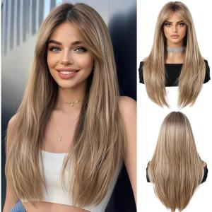 Longue Perruque Droite Noire pour Femmes Cheveux Synthétiques Perruque Résistante à la Chaleur pour Utilisation Quotidienne Halloween Fête Cosplay(Blond fraise (1215-2))