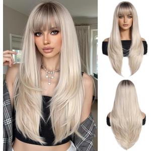 Longue Perruque Droite Noire pour Femmes Cheveux Synthétiques Perruque Résistante à la Chaleur pour Utilisation Quotidienne Halloween Fête Cosplay(Blond ombré (1273-2))