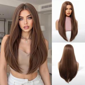 Longue Perruque Droite Noire pour Femmes Cheveux Synthétiques Perruque Résistante à la Chaleur pour Utilisation Quotidienne Halloween Fête Cosplay(Brun (1278-4))