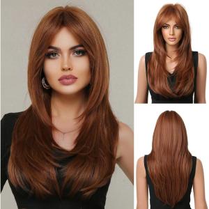Longue Perruque Droite Noire pour Femmes Cheveux Synthétiques Perruque Résistante à la Chaleur pour Utilisation Quotidienne Halloween Fête Cosplay(Brun cuivré (259-26))