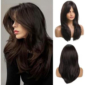Longue Perruque Droite Noire pour Femmes Cheveux Synthétiques Perruque Résistante à la Chaleur pour Utilisation Quotidienne Halloween Fête Cosplay(Brun foncé (259-8))
