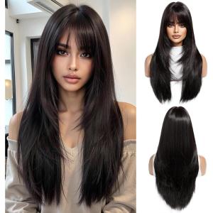 Longue Perruque Droite Noire pour Femmes Cheveux Synthétiques Perruque Résistante à la Chaleur pour Utilisation Quotidienne Halloween Fête Cosplay(Brun noir(6355-3))