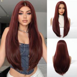 Longue Perruque Droite Noire pour Femmes Cheveux Synthétiques Perruque Résistante à la Chaleur pour Utilisation Quotidienne Halloween Fête Cosplay(Brun roux (1278-5))