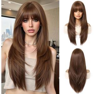 Longue Perruque Droite Noire pour Femmes Cheveux Synthétiques Perruque Résistante à la Chaleur pour Utilisation Quotidienne Halloween Fête Cosplay(Marron (6355-5))