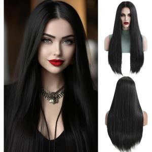 Longue Perruque Droite Noire pour Femmes Cheveux Synthétiques Perruque Résistante à la Chaleur pour Utilisation Quotidienne Halloween Fête Cosplay(Noir (8228-1))