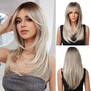 Longue Perruque Droite Noire pour Femmes Cheveux Synthétiques Perruque Résistante à la Chaleur pour Utilisation Quotidienne Halloween Fête Cosplay(Ombré blond (259-13))