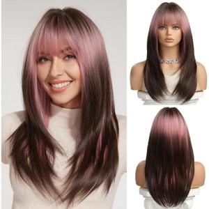 Longue Perruque Droite Noire pour Femmes Cheveux Synthétiques Perruque Résistante à la Chaleur pour Utilisation Quotidienne Halloween Fête Cosplay(Ombré brun rosé (2107-1))