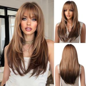 Longue Perruque Droite Noire pour Femmes Cheveux Synthétiques Perruque Résistante à la Chaleur pour Utilisation Quotidienne Halloween Fête Cosplay(Ombré brun blond foncé (2105-2))