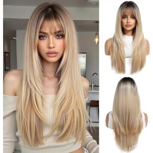 Longue Perruque Droite Noire pour Femmes Cheveux Synthétiques Perruque Résistante à la Chaleur pour Utilisation Quotidienne Halloween Fête Cosplay(Ombre blonde(6355-1))