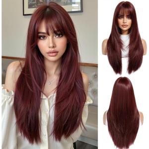 Longue Perruque Droite Noire pour Femmes Cheveux Synthétiques Perruque Résistante à la Chaleur pour Utilisation Quotidienne Halloween Fête Cosplay(Rouge vin(6355-2))