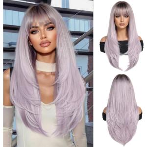 Longue Perruque Droite Noire pour Femmes Cheveux Synthétiques Perruque Résistante à la Chaleur pour Utilisation Quotidienne Halloween Fête Cosplay(Violet clair ombré (1273-1))