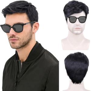 Noir Courte Perruque pour Homme Postiche Naturelle Moelleuse, Noir Couche Vague Perruques pour Hommes avec Frange Disco Perruque Punk Rock Halloween Cosplay Costume de Fête Quotidien(Noir)
