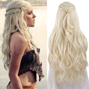 PORSMEER Daenerys Dragon Queen Cosplay Perruque Long Bouclé Ondulé Tresses Cheveux Blonde Perruques pour Femmes Costume Halloween Fête (Blond Clair)(Blond clair)