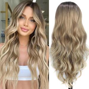 PORSMEER Perruque noire longue ondulée pour femme, cheveux bouclés naturels à séparation centrale brésilienne synthétique résistante à la chaleur pour cosplay fête Halloween tenue quotidienne(Brune Blond)