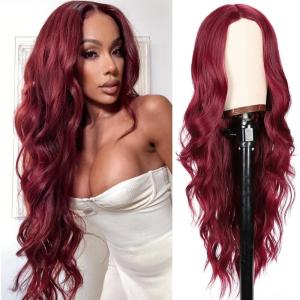 PORSMEER Perruque noire longue ondulée pour femme, cheveux bouclés naturels à séparation centrale brésilienne synthétique résistante à la chaleur pour cosplay fête Halloween tenue quotidienne(Vin Rouge)