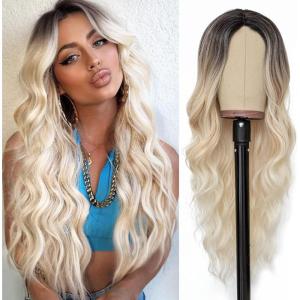 PORSMEER Perruque noire longue ondulée pour femme, cheveux bouclés naturels à séparation centrale brésilienne synthétique résistante à la chaleur pour cosplay fête Halloween tenue quotidienne(Blonde à racine foncée)