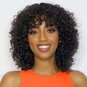 Perruque Femme Naturelle Brésilien Bouclée De Cheveux Humain Avec Frange Sans Colle Curly Bob Wig With Bangs Human Hair Glueless Wig No Lace Bouclée Perruque Femme Courte Noir Naturel 12 Pouces(10 inch)