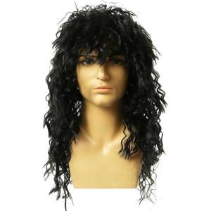 Perruque Rocker Homme Années 70 80 – Perruque Longue Noire Bouclée Style Mullet pour Déguisement, Soirée Disco et Cosplay (Noir)(Noir)
