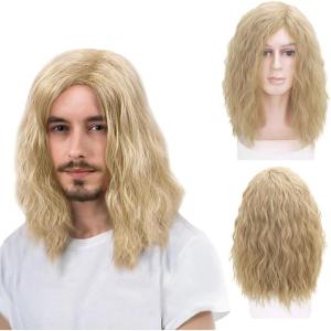 Perruque blonde mi-longue Cheveux bouclés Perruque Pop Rocking Dude pour adulte Belle perruque de cosplay des années 70, 80, déguisement quotidien, fête d&rsquo;Halloween(Blond)