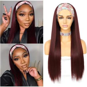 Sapphirewigs Perruque synthétique blonde pour femme – Sans colle – Yaki clair – Résistante à la chaleur – 66 cm(bordeaux)