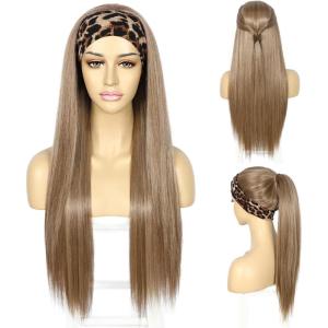 Sapphirewigs Perruque synthétique blonde pour femme – Sans colle – Yaki clair – Résistante à la chaleur – 66 cm(marron clair)